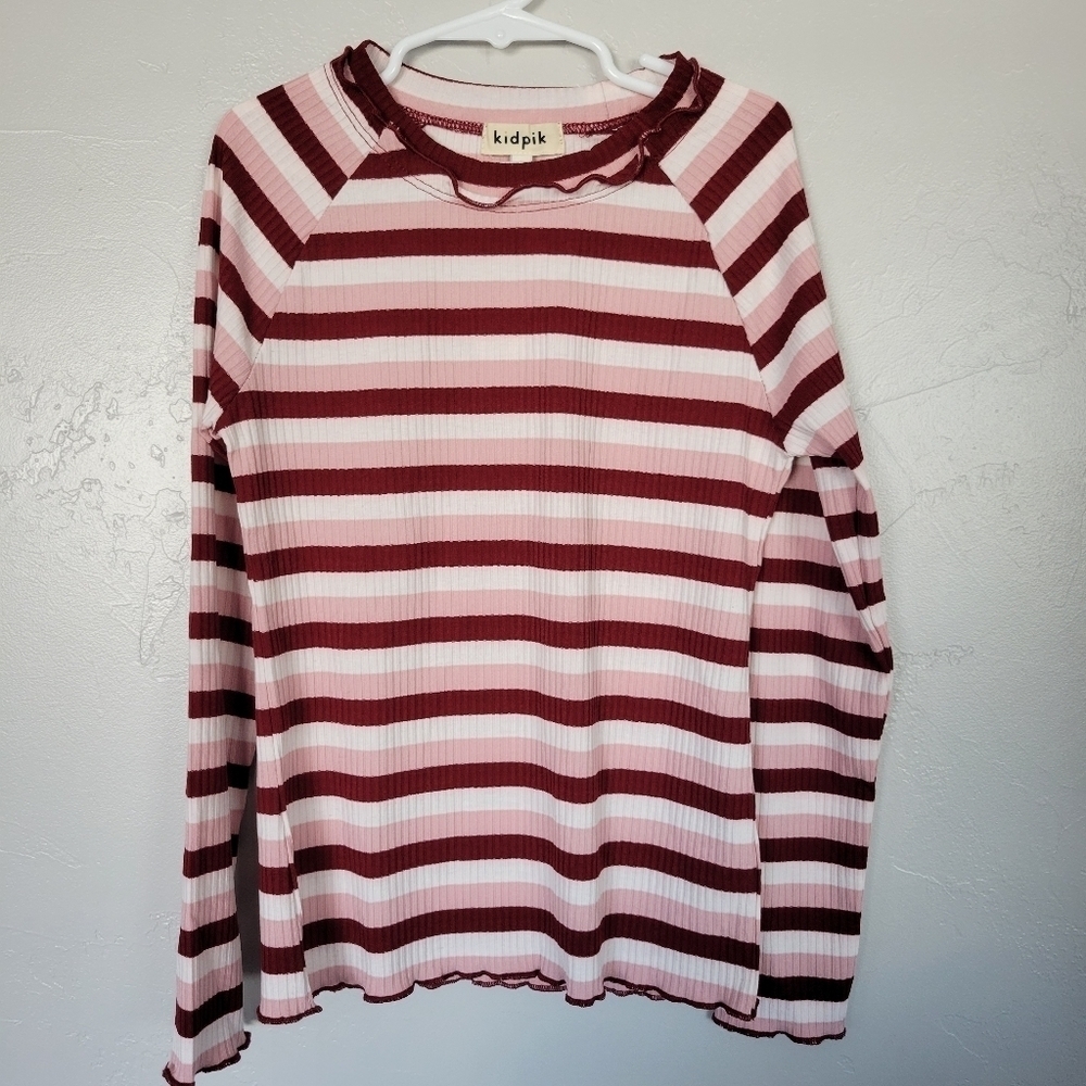 Kidpik NWT Red Pink White Striped Long Sleeve Shirt Ribbed Ruffle Mockneck S 7/8